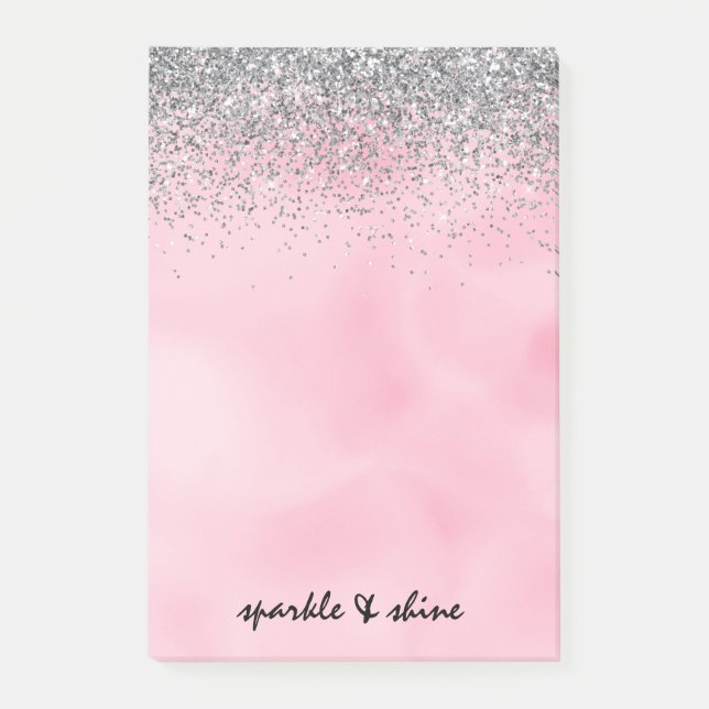 Silver Gnistra Glitter Rosa Vattenfärg Post-it Block (Framsida)