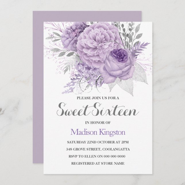 Silver Gnistra Lavender Sweet sixteen Inbjudan (Fram/baksida)