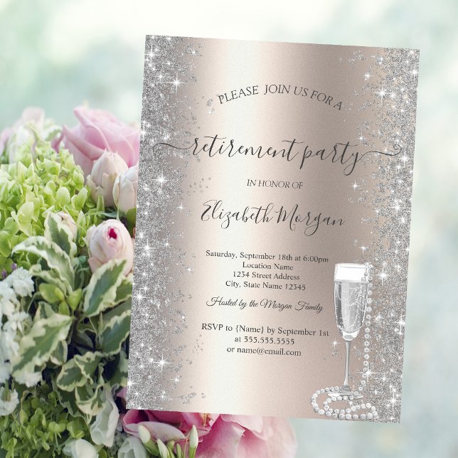 Silver Gnistra Prosecco Pearls Ivory Pension Inbjudningar (Skapare uppladdad)
