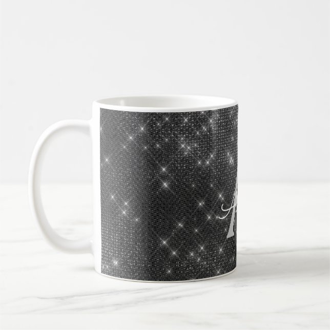 Silver Gnistra Shimmer Monogram Namn & Initial Kaffemugg (Vänster)