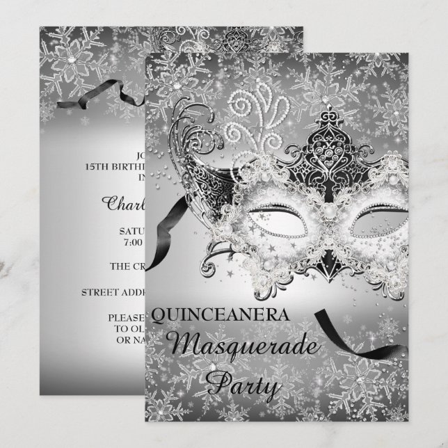 Silver Gnistra Snowflake Masquerad Quinceanera Inbjudningar (Fram/baksida)