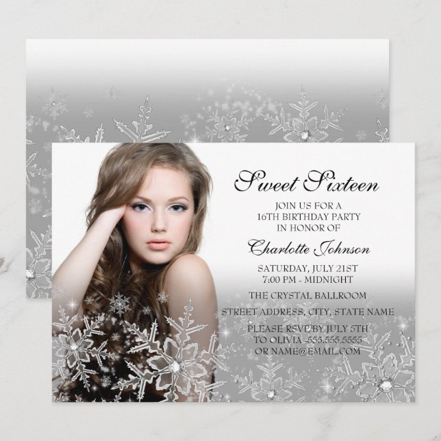 Silver Gnistra Snowflake Photo Sweet 16 Inbjudningar (Fram/baksida)