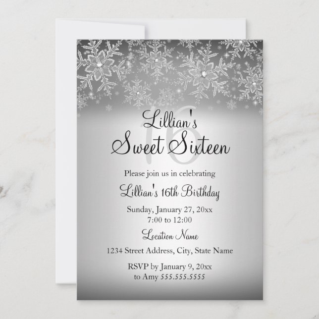 Silver Gnistra Snowflake Sweet 16-inbjudan Inbjudningar (Framsida)