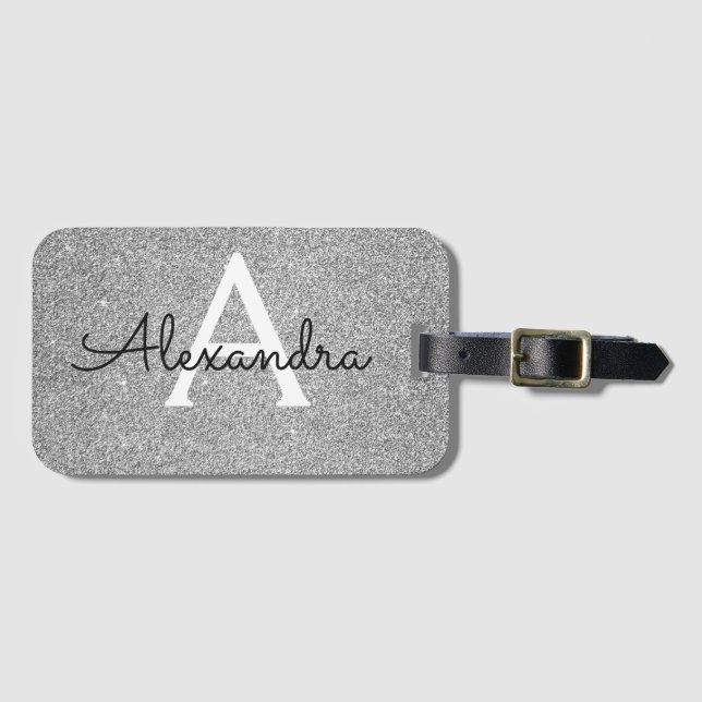 Silver Gnistra Twinkle Glitter Monogram Namn Bagagebricka (Framsida horisontal)