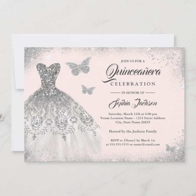  Silver-Gnistran, Butterfly Quinceanera Inbjudningar (Framsida)