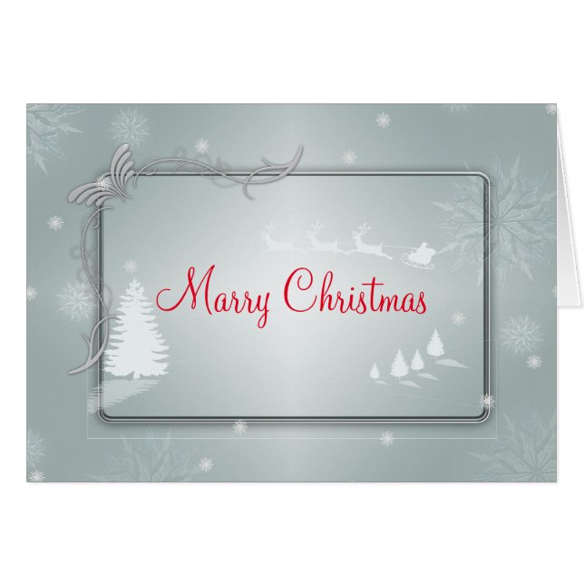 Silver God jul Träd med Raiding Reindeer Hälsningskort (Framsidan Horizontal)