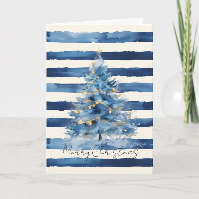Silver Gold Blue Stripes Christmas Tree   Kort (Framsida)