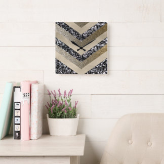 Silver Gold Chevron Glitter Glam 1 Fyrkantig Klocka