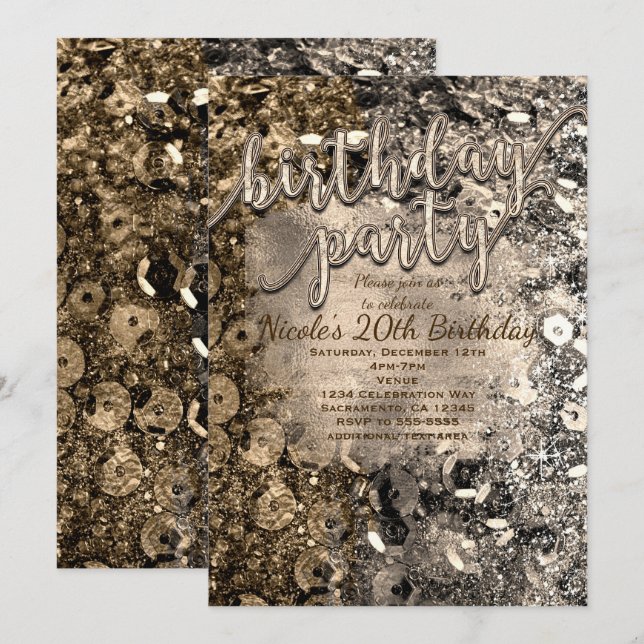Silver & Gold Födelsedagsfest Sequins Inbjudningar (Fram/baksida)