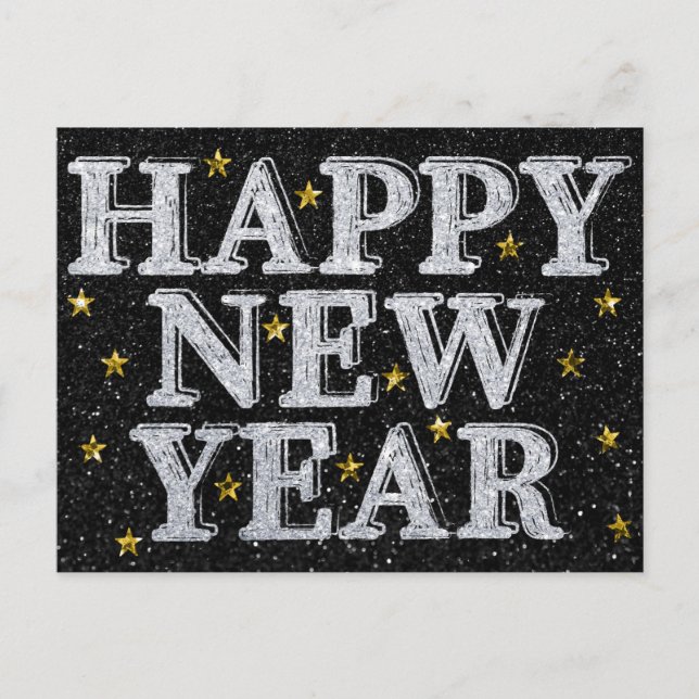 Silver & Gold Gott Nytt År Glitter Vykort (Framsida)