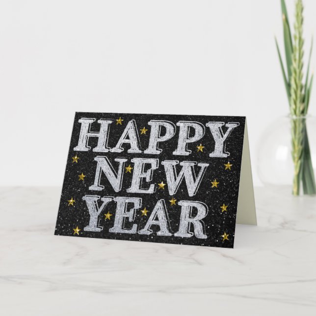Silver & Gold Gott Nytt År Glitterkort Kort (Framsida)
