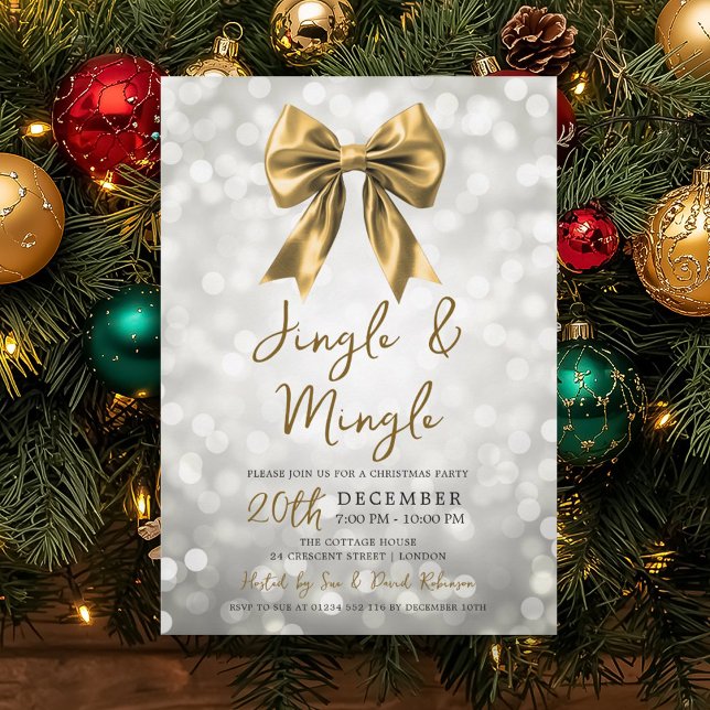Silver Gold Jingle Mingle Christmas Party Bow  Inbjudningar (Silver Gold Jingle Mingle Christmas Party Bow Invitation)