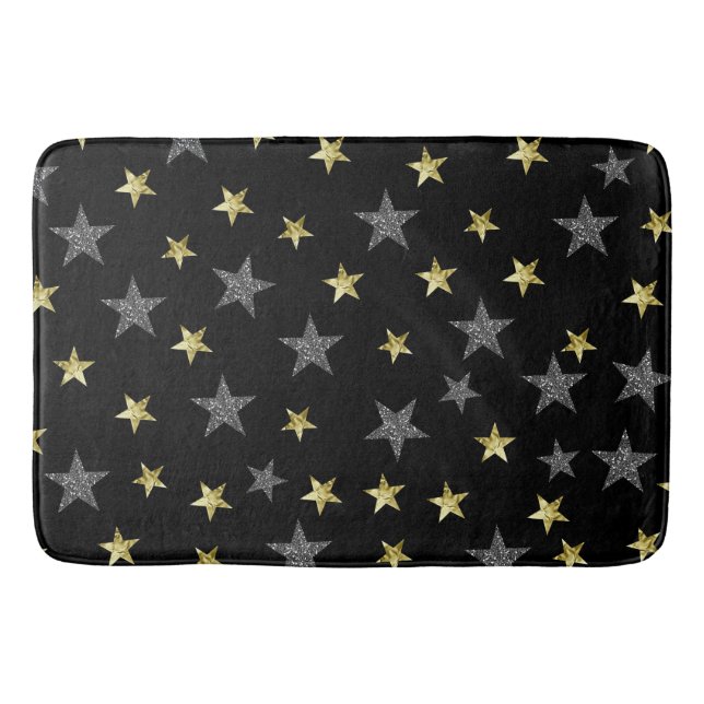 Silver & Gold Stars Svart Hollywood-stjärna Glam Badrumsmatta (Framsidan)