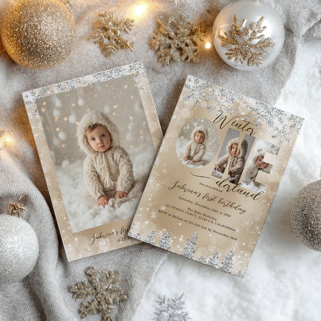 Silver Gold Winter ONEderland Photo First Birthday Inbjudningar (Silver Gold Winter ONEderland Photo First Birthday Invitation)