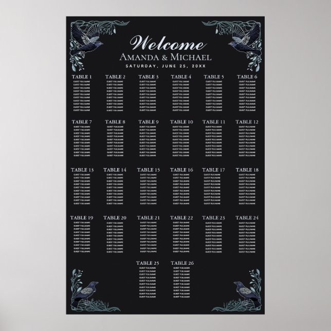 Silver Gothic Raven Bröllopsplatskarta Poster (Framsidan)
