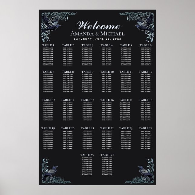 Silver Gothic Raven Bröllopsplatskarta Poster (Framsidan)