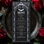 Silver Gothic Vampire Cathedral Bröllop Menu Meny<br><div class="desc">Inbjudan dina gäster i bröllop med den här eleganten och goda designen. Perfekt för en gotiic eller Halloween themed-bröllop. Matcha artiklar i vår butik för ett helt tema i party. Observera att silver på märkrna INTE är en riktig folie och trycks i platt färg</div>