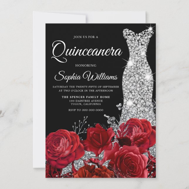 Silver Gown Röd ros Black Quinceanera Party Inbjudningar (Framsida)