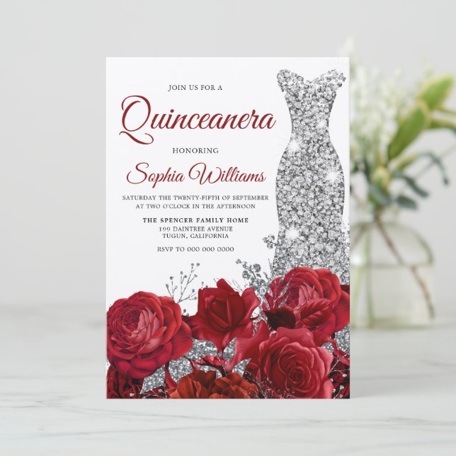 Silver Gown Röd ros Shimmer Quinceanera Party Inbjudningar (Stående Fram)