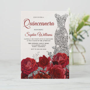 Silver Gown Röd ros Shimmer Quinceanera Party Inbjudningar