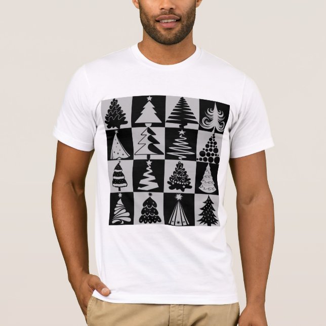 Silver Grå Svart Julgran Holiday Mönster Tee (Framsida)