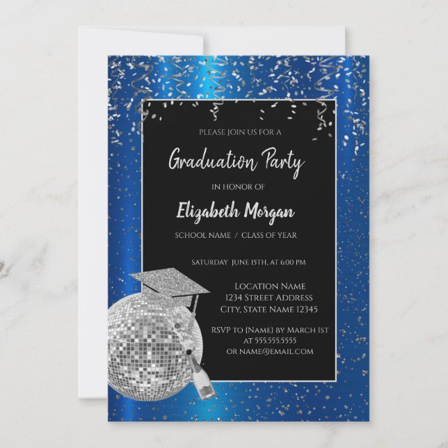 Silver Grad Cap,Disco Boll confetti, Vin Blue Inbjudningar (Framsida)