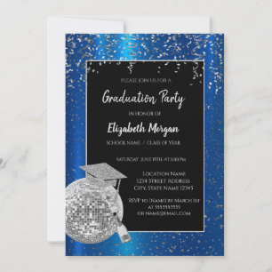 Silver Grad Cap,Disco Boll confetti, Vin Blue Inbjudningar