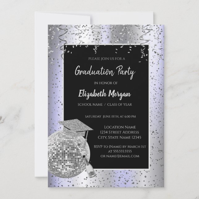 Silver Grad Cap,Disco Boll Confetti, Vin Lavander Inbjudningar (Framsida)