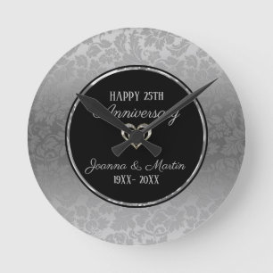 Silver Gradient Damask Mönster Jubileum   Rund Klocka