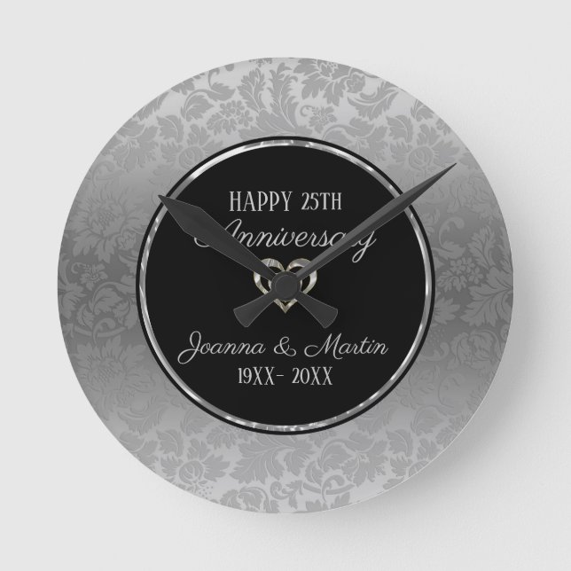 Silver Gradient Damask Mönster Jubileum   Rund Klocka (Framsida)