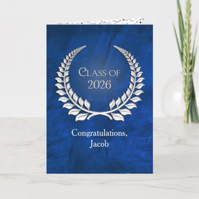 Silver Graduation 2026 Laurel Wreath On Blue Kort (Framsida)