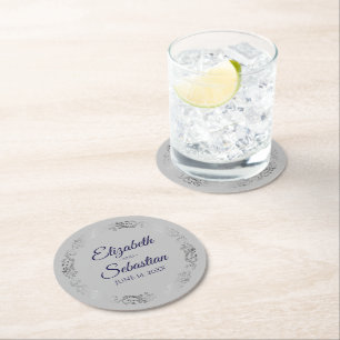 Silver Gräns marinblått på Grått Elegant bröllop Underlägg Papper Rund