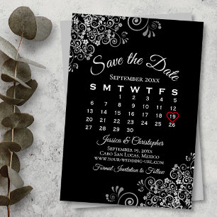Silver Grått Black Simple Elegant bröllop Calendar Spara Datumet