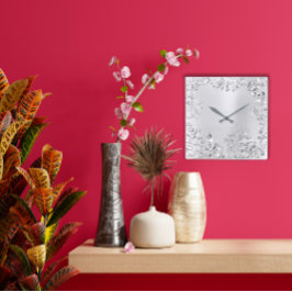 Silver Grått Blommigt Handflatan Monochrom Metalli Fyrkantig Klocka