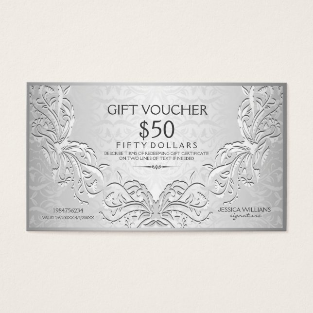 Silver Grått Blommigt Ram Gift Voucher Visitkort (Framsidan)