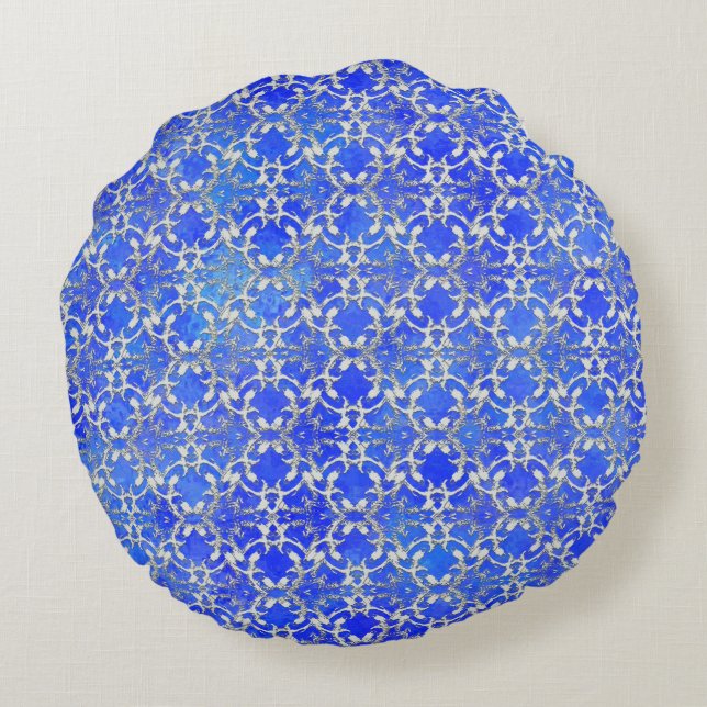 Silver Grått Blue Dancing Scrolls Mönster Rund Kudde (Baksidan)