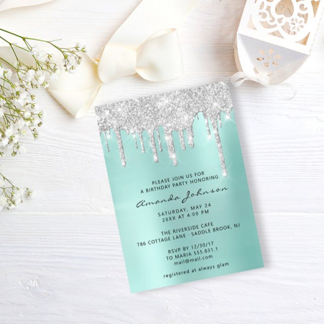 Silver Grått Blue Glitter Effect Drivning Födelsed Inbjudningar (Silver Gray Tiffany Glitter Effect Drip Birthday Invitation)