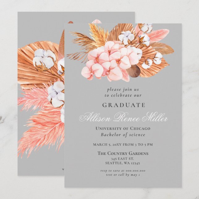 Silver Grått Boho Pampas Blommigt Studentfest  Inbjudningar (Fram/baksida)