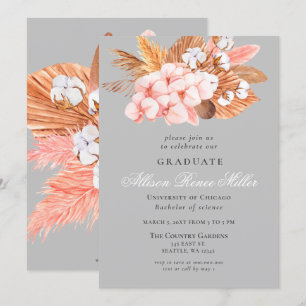 Silver Grått Boho Pampas Blommigt Studentfest Inbjudningar