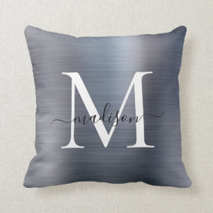Silver Grått Brushed Metall Girly-skript Monogram Kudde