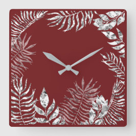 Silver Grått Burgundy Red Handflatan Botanical Met Fyrkantig Klocka