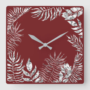 Silver Grått Burgundy Red Handflatan Botanical Met Fyrkantig Klocka
