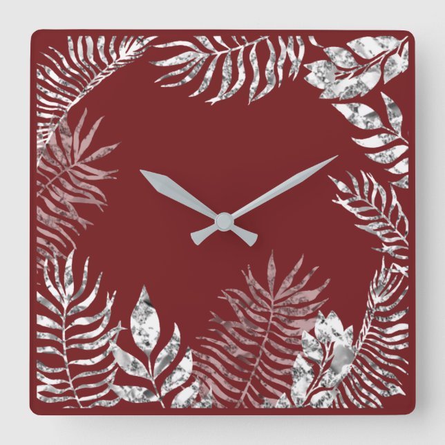 Silver Grått Burgundy Red Handflatan Botanical Met Fyrkantig Klocka (Framsida)