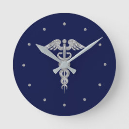 Silver Grått Caduceus on Navy Blue Round Clock Rund Klocka