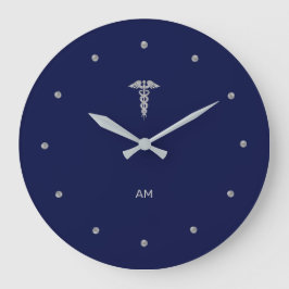 Silver Grått Caduceus on Navy Blue Round Clock Stor Klocka