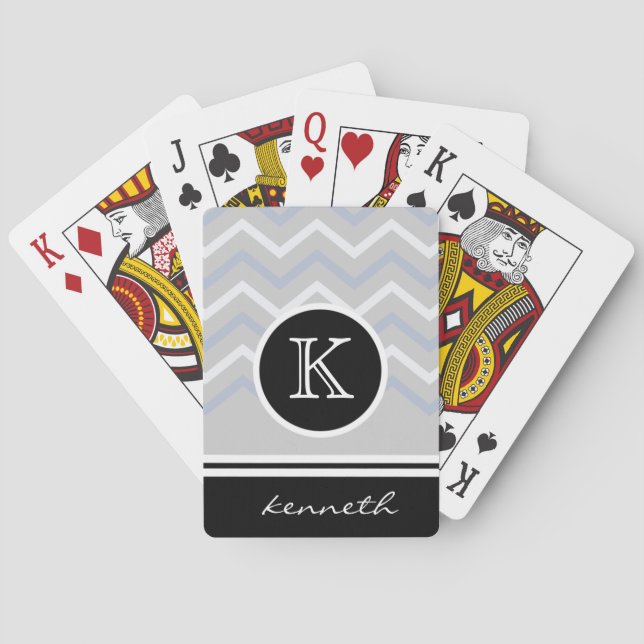 Silver Grått Chevron Black Monogram Namn Anpassnin Spel Kort (Baksidan)