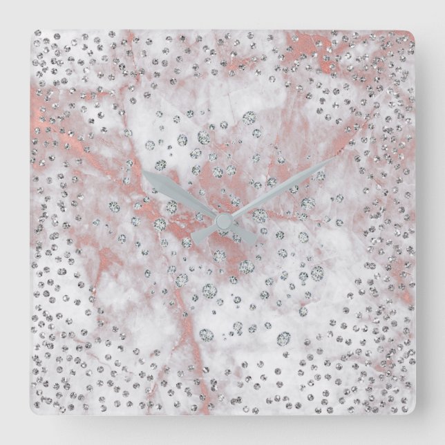 Silver Grått Confetti Diamonds Crystals Marble Ros Fyrkantig Klocka (Framsida)