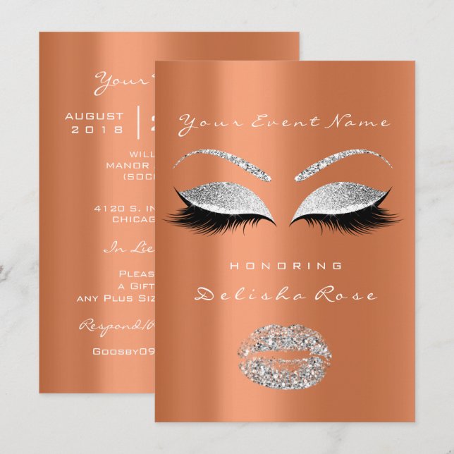 Silver Grått Coral Läppar Glitter Möhippa Sweet 16 Inbjudningar (Fram/baksida)