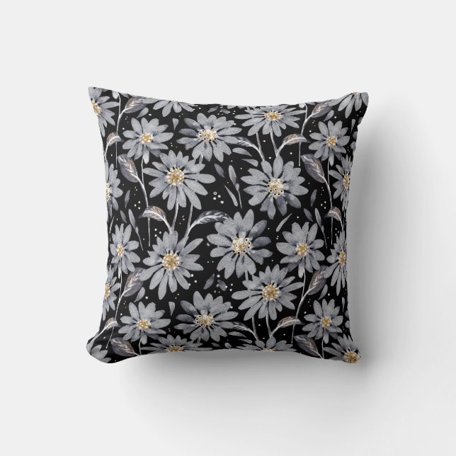 Silver Grått-Daisy på svart Reversible Blommigt Kudde (Framsida)