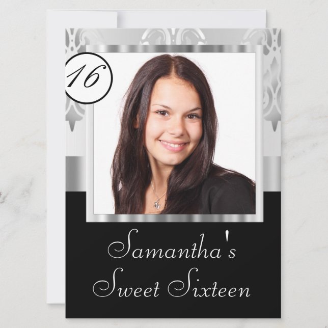 Silver grått-dämpare sweet sixteen inbjudningar (Framsida)